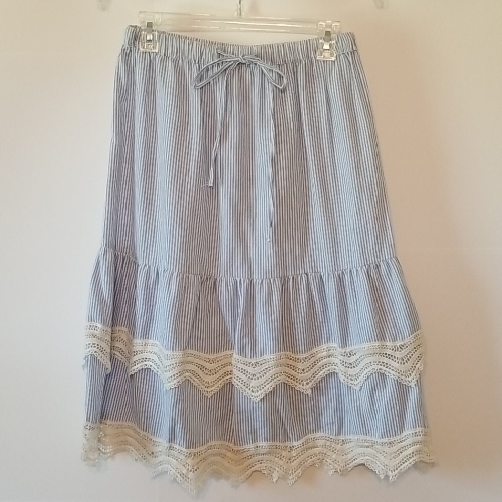 Blue & White Striped Skirt,Lace Trim,Studio West,S